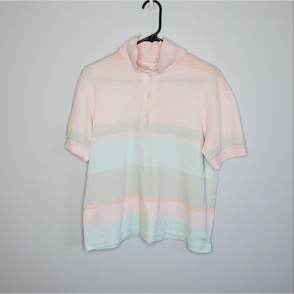 Jantzen L Pastel Pink Blue Polo Shirt Colorblock Striped Easter Spring - Picture 3 of 9